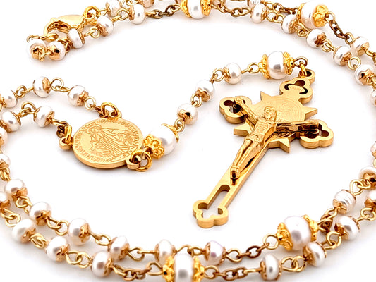 Miraculous medal unique rosary beads freshwater pearl rosary with stainless steel gold plated Saint Benedict crucifix.
