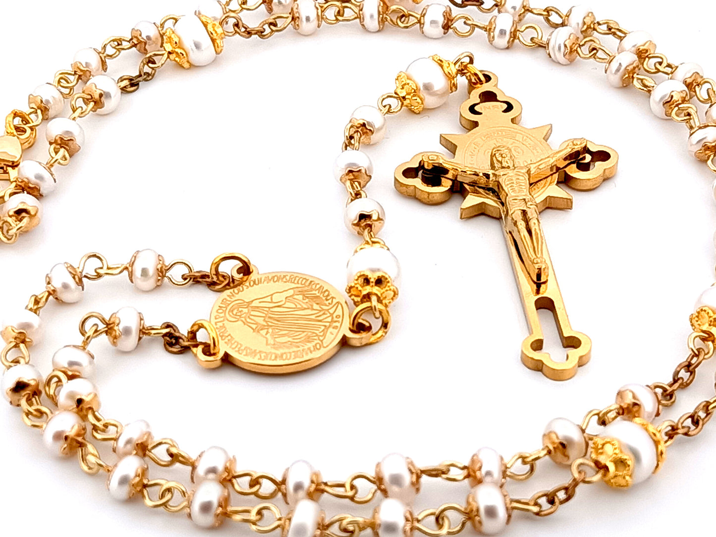 Miraculous medal unique rosary beads freshwater pearl rosary with stainless steel gold plated Saint Benedict crucifix.