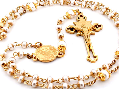 Miraculous medal unique rosary beads freshwater pearl rosary with stainless steel gold plated Saint Benedict crucifix.