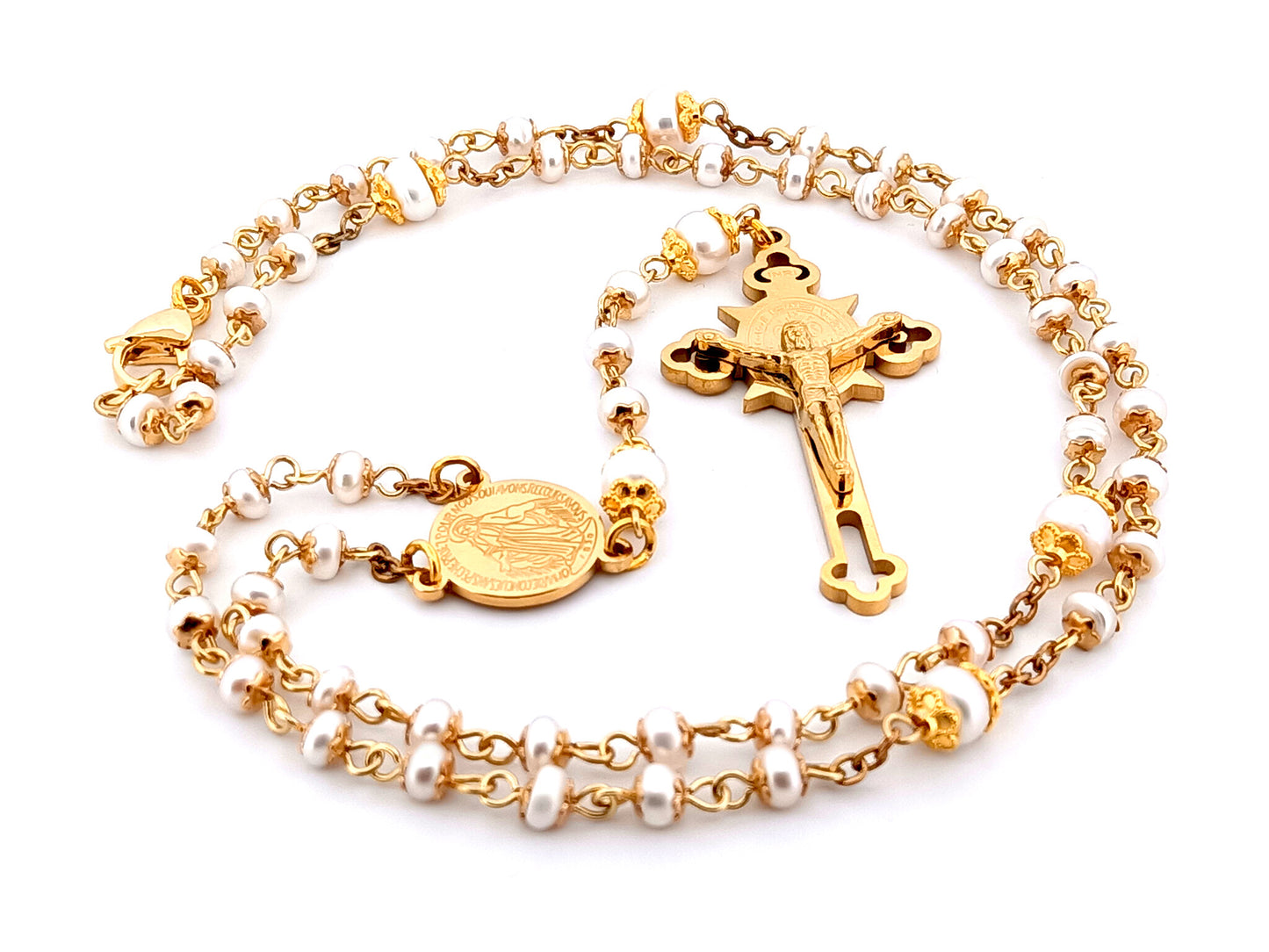 Miraculous medal unique rosary beads freshwater pearl rosary with stainless steel gold plated Saint Benedict crucifix.