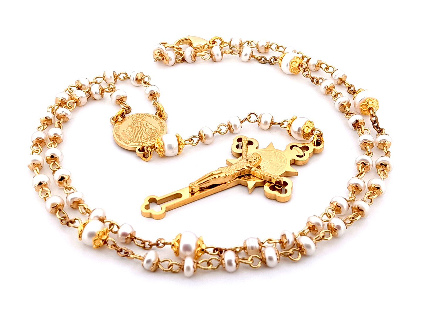 Miraculous medal unique rosary beads freshwater pearl rosary with stainless steel gold plated Saint Benedict crucifix.