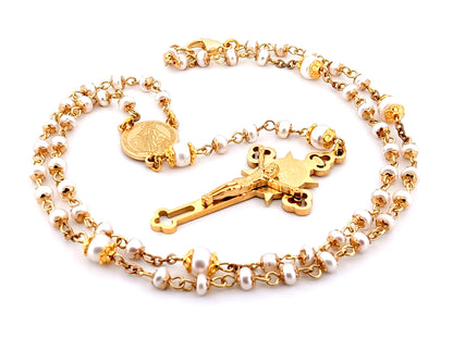 Miraculous medal unique rosary beads freshwater pearl rosary with stainless steel gold plated Saint Benedict crucifix.