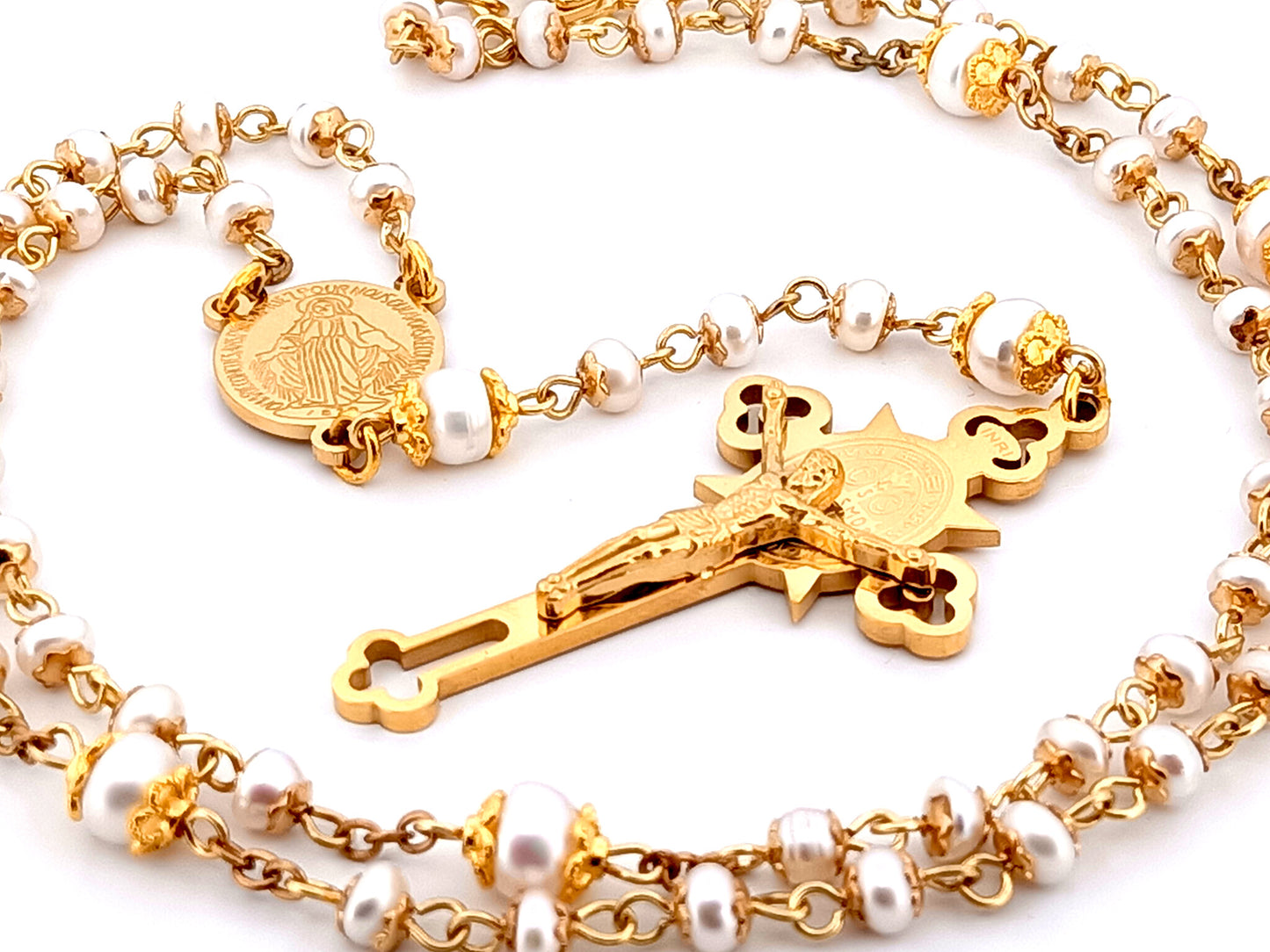 Miraculous medal unique rosary beads freshwater pearl rosary with stainless steel gold plated Saint Benedict crucifix.