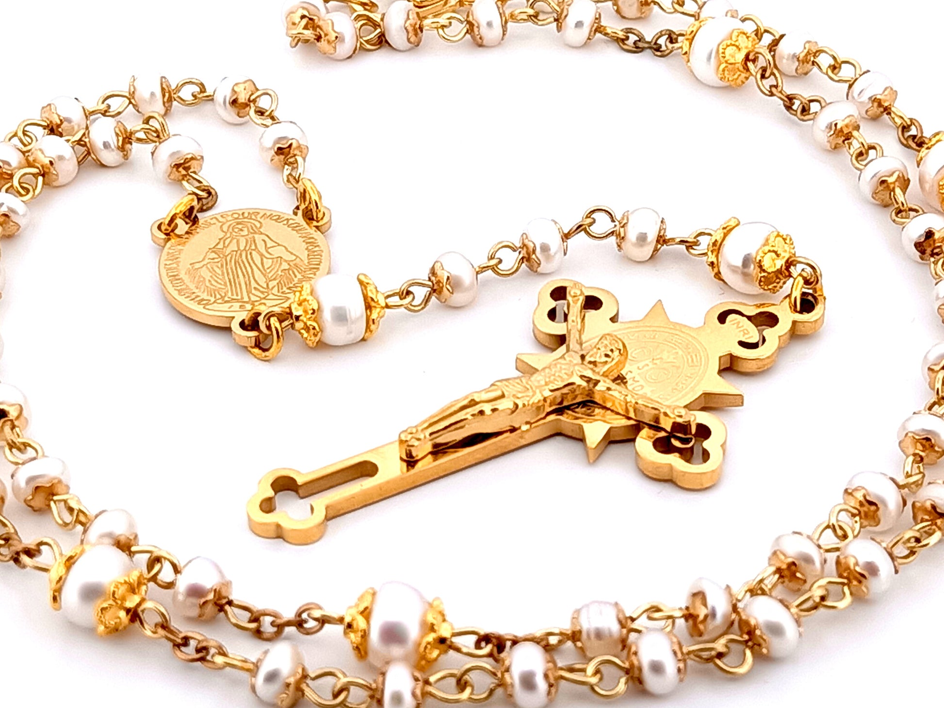 Miraculous medal unique rosary beads freshwater pearl rosary with stainless steel gold plated Saint Benedict crucifix.