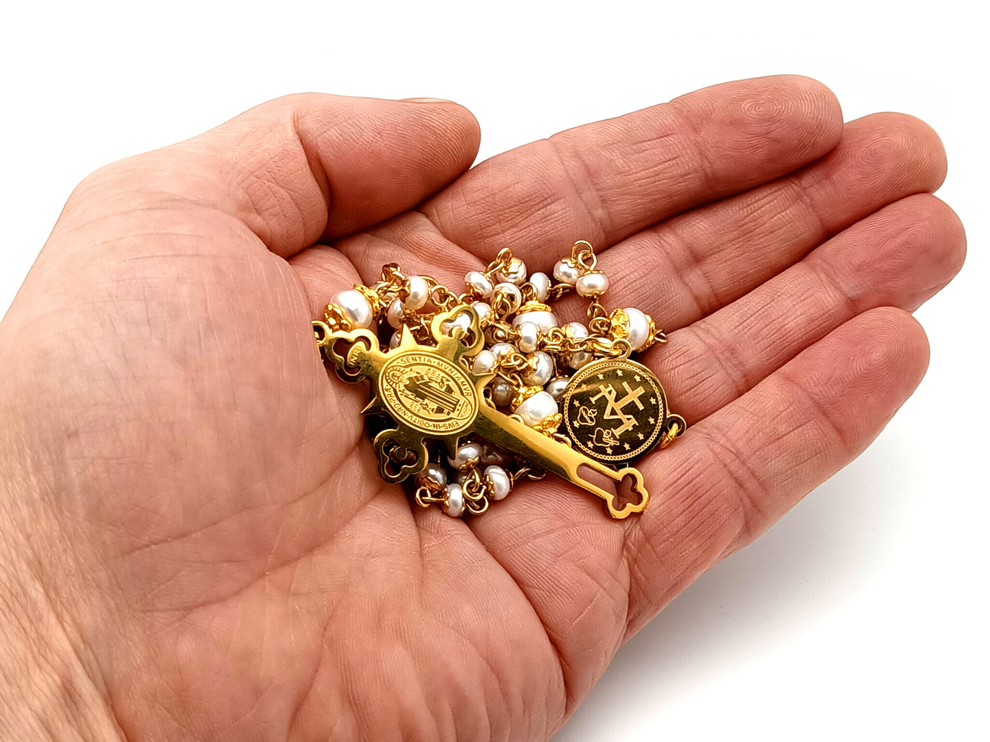 Miraculous medal unique rosary beads freshwater pearl rosary with stainless steel gold plated Saint Benedict crucifix.