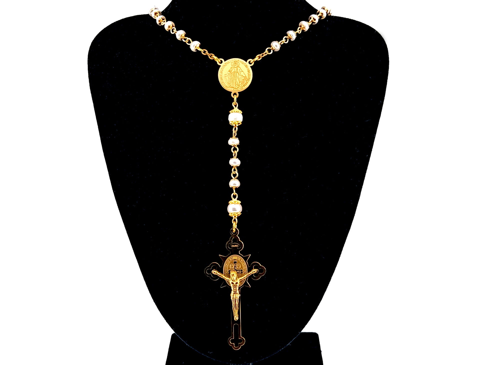 Miraculous medal unique rosary beads freshwater pearl rosary with stainless steel gold plated Saint Benedict crucifix.