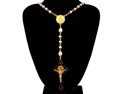 Miraculous medal unique rosary beads freshwater pearl rosary with stainless steel gold plated Saint Benedict crucifix.