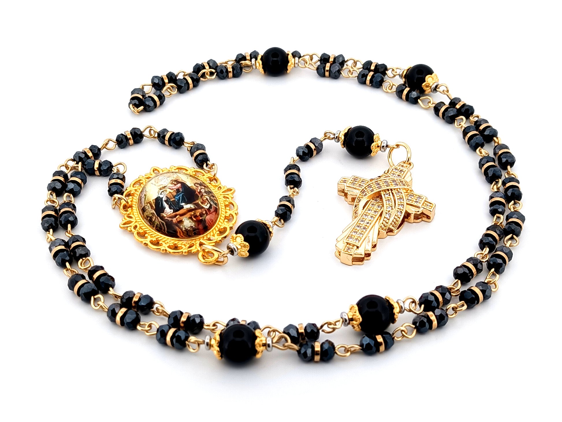 Crowing of Our Lady unique rosary beads faceted black glass and onyx gemstone rosary with gold plated cubic zirconia cross.