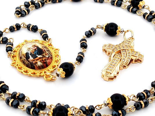 Crowing of Our Lady unique rosary beads faceted black glass and onyx gemstone rosary with gold plated cubic zirconia cross.