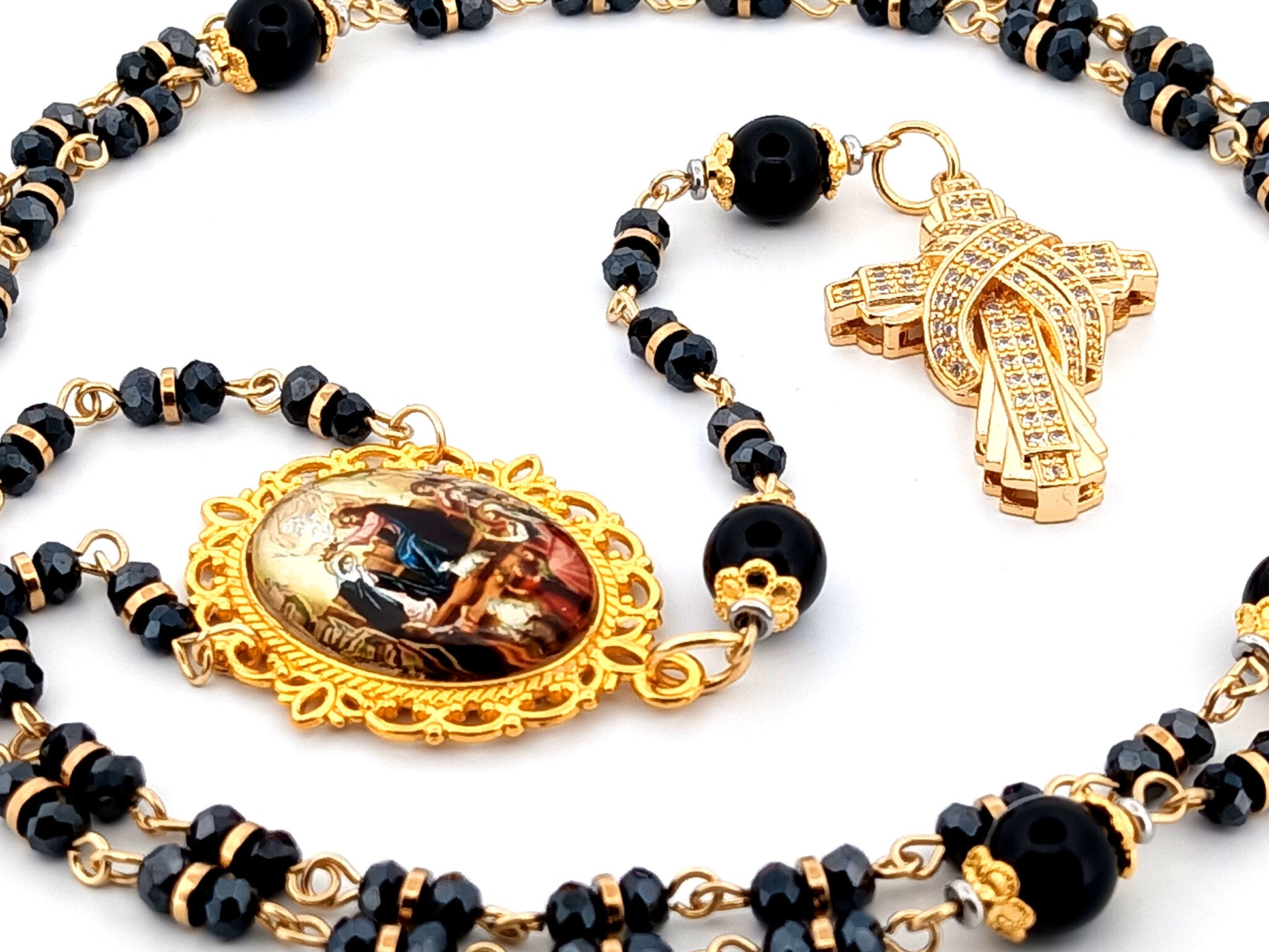 Crowing of Our Lady unique rosary beads faceted black glass and onyx gemstone rosary with gold plated cubic zirconia cross.