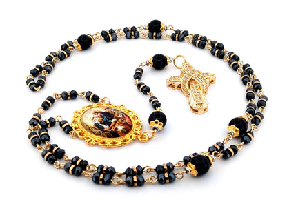 Crowing of Our Lady unique rosary beads faceted black glass and onyx gemstone rosary with gold plated cubic zirconia cross.