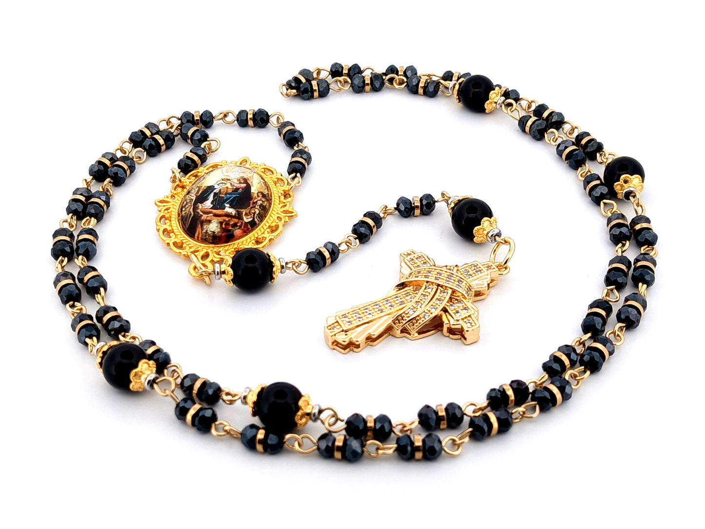 Crowing of Our Lady unique rosary beads faceted black glass and onyx gemstone rosary with gold plated cubic zirconia cross.