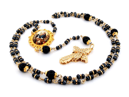 Crowing of Our Lady unique rosary beads faceted black glass and onyx gemstone rosary with gold plated cubic zirconia cross.