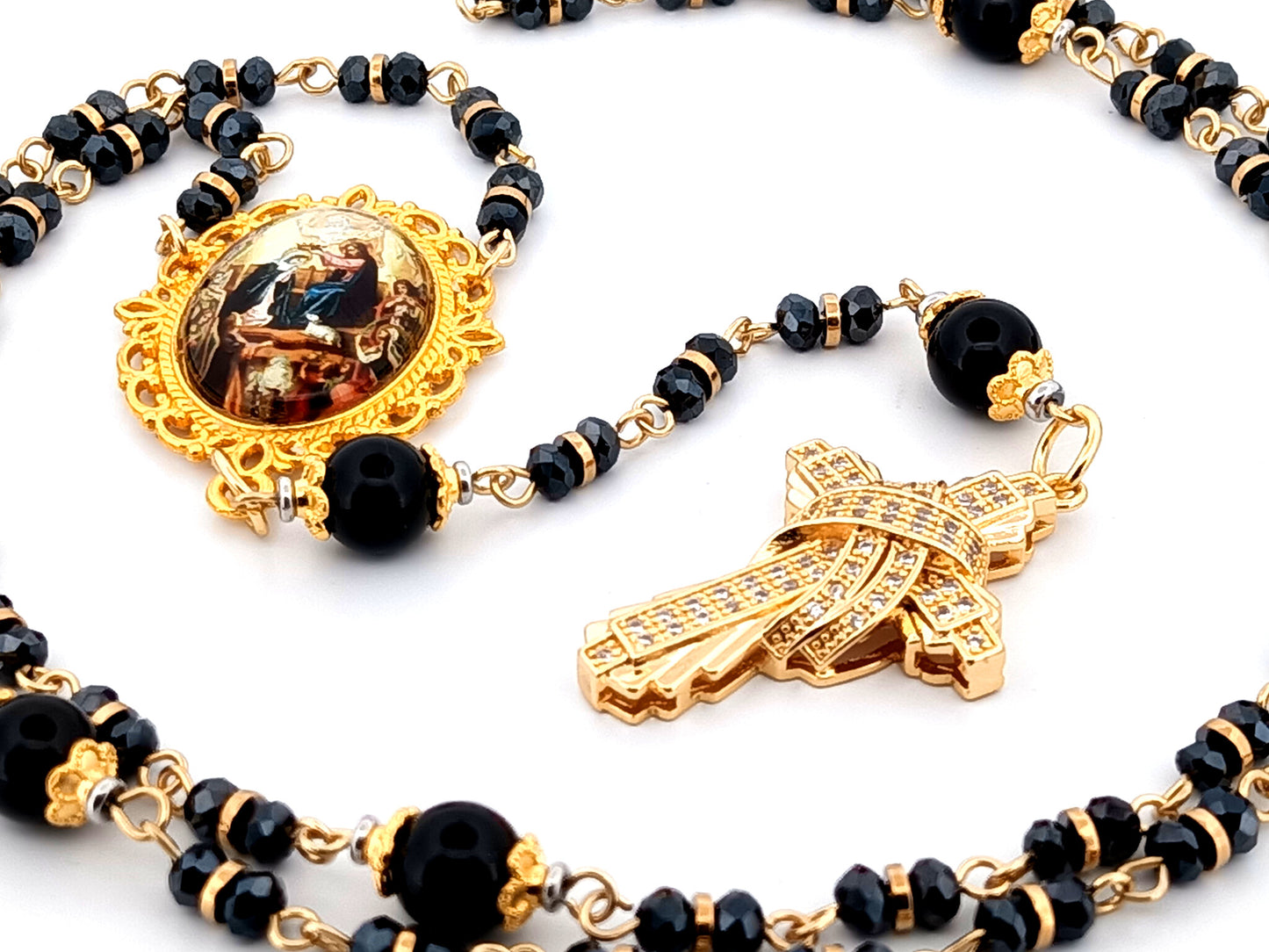 Crowing of Our Lady unique rosary beads faceted black glass and onyx gemstone rosary with gold plated cubic zirconia cross.
