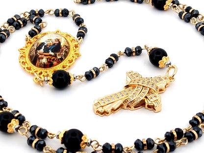Crowing of Our Lady unique rosary beads faceted black glass and onyx gemstone rosary with gold plated cubic zirconia cross.