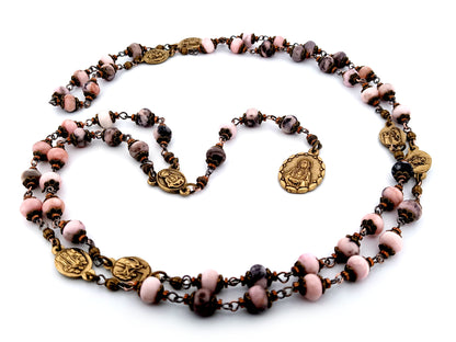Our Lady of Sorrows unique rosary beads jasper gemstone prayer chaplet with bronze meditation medals.