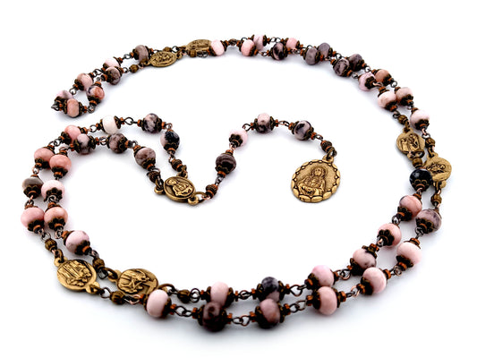 Our Lady of Sorrows unique rosary beads jasper gemstone prayer chaplet with bronze meditation medals.