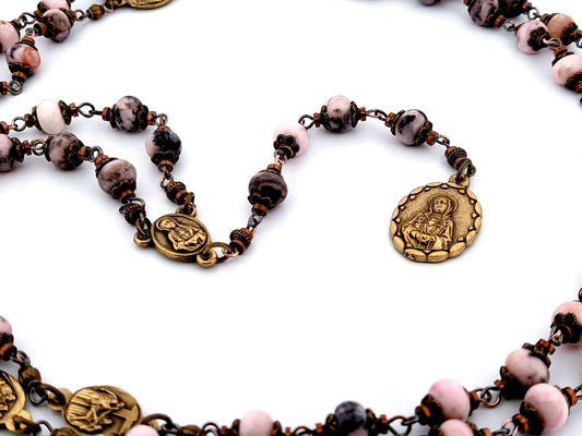 Our Lady of Sorrows unique rosary beads jasper gemstone prayer chaplet with bronze meditation medals.