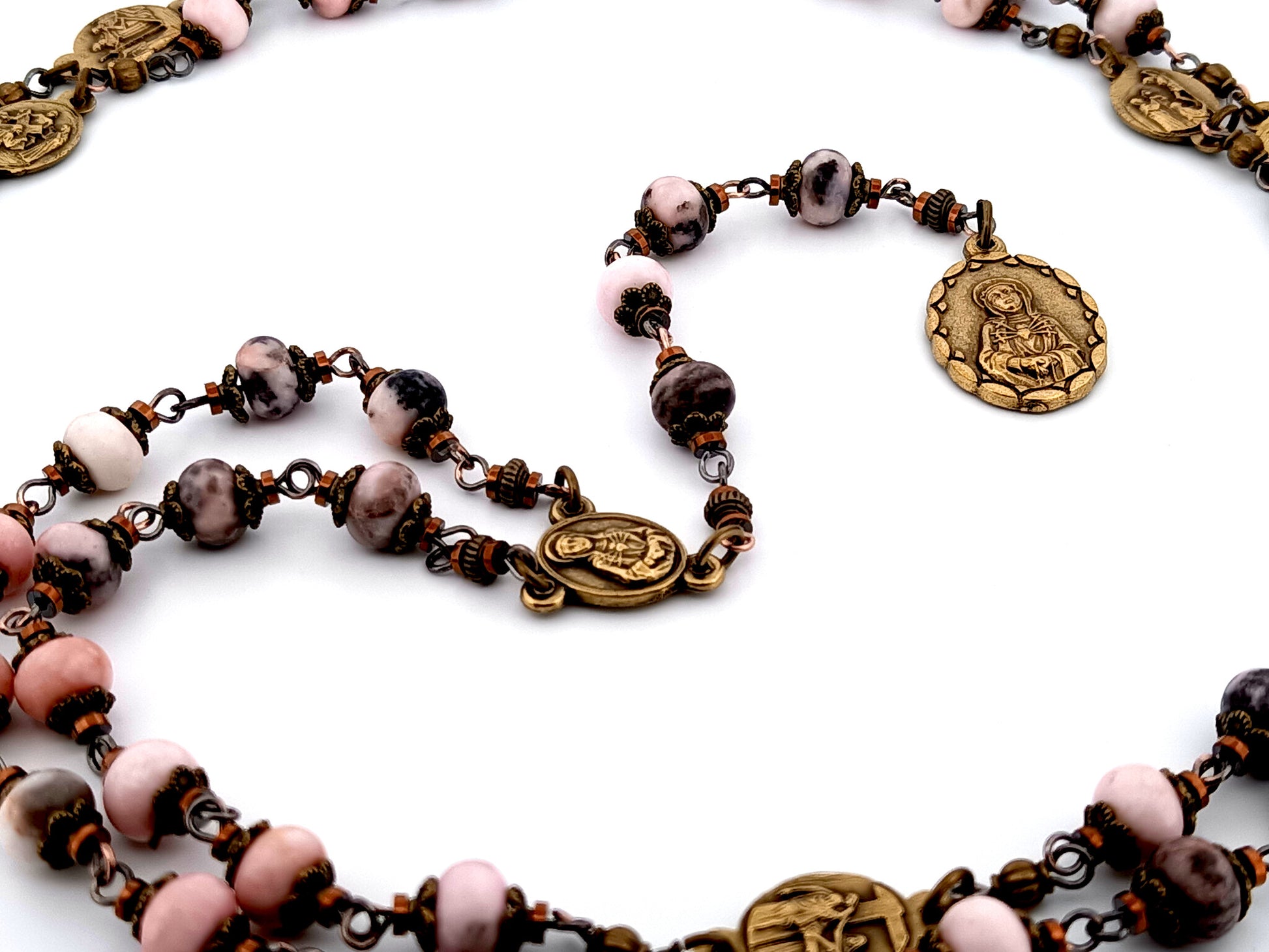 Our Lady of Sorrows unique rosary beads jasper gemstone prayer chaplet with bronze meditation medals.