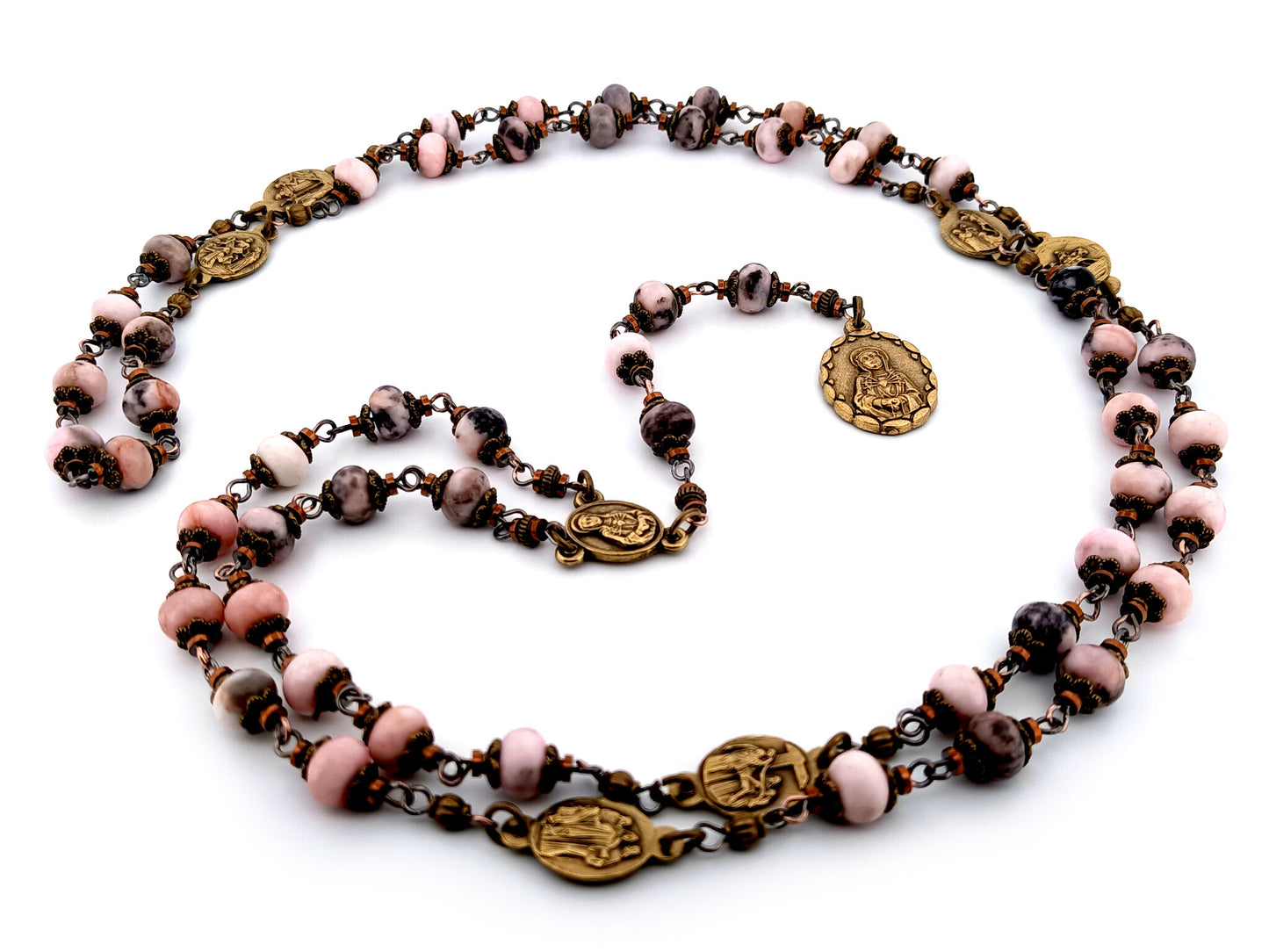 Our Lady of Sorrows unique rosary beads jasper gemstone prayer chaplet with bronze meditation medals.