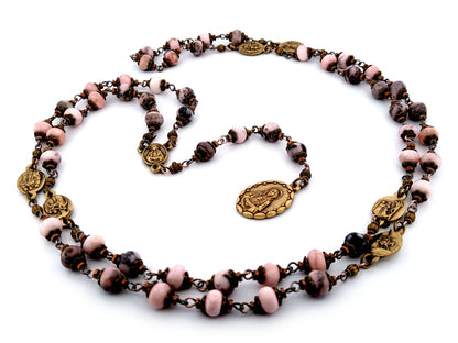 Our Lady of Sorrows unique rosary beads jasper gemstone prayer chaplet with bronze meditation medals.