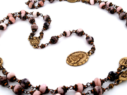 Our Lady of Sorrows unique rosary beads jasper gemstone prayer chaplet with bronze meditation medals.