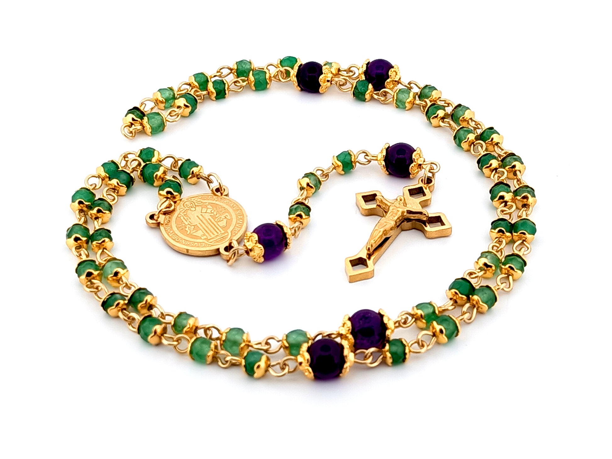 Saint Benedict unique rosary beads agate and amethyst gemstone rosary with small gold plated Saint Benedict crucifix.