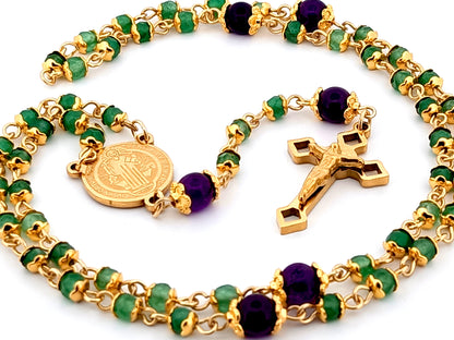 Saint Benedict unique rosary beads agate and amethyst gemstone rosary with small gold plated Saint Benedict crucifix.