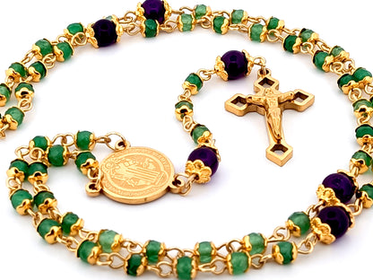 Saint Benedict unique rosary beads agate and amethyst gemstone rosary with small gold plated Saint Benedict crucifix.