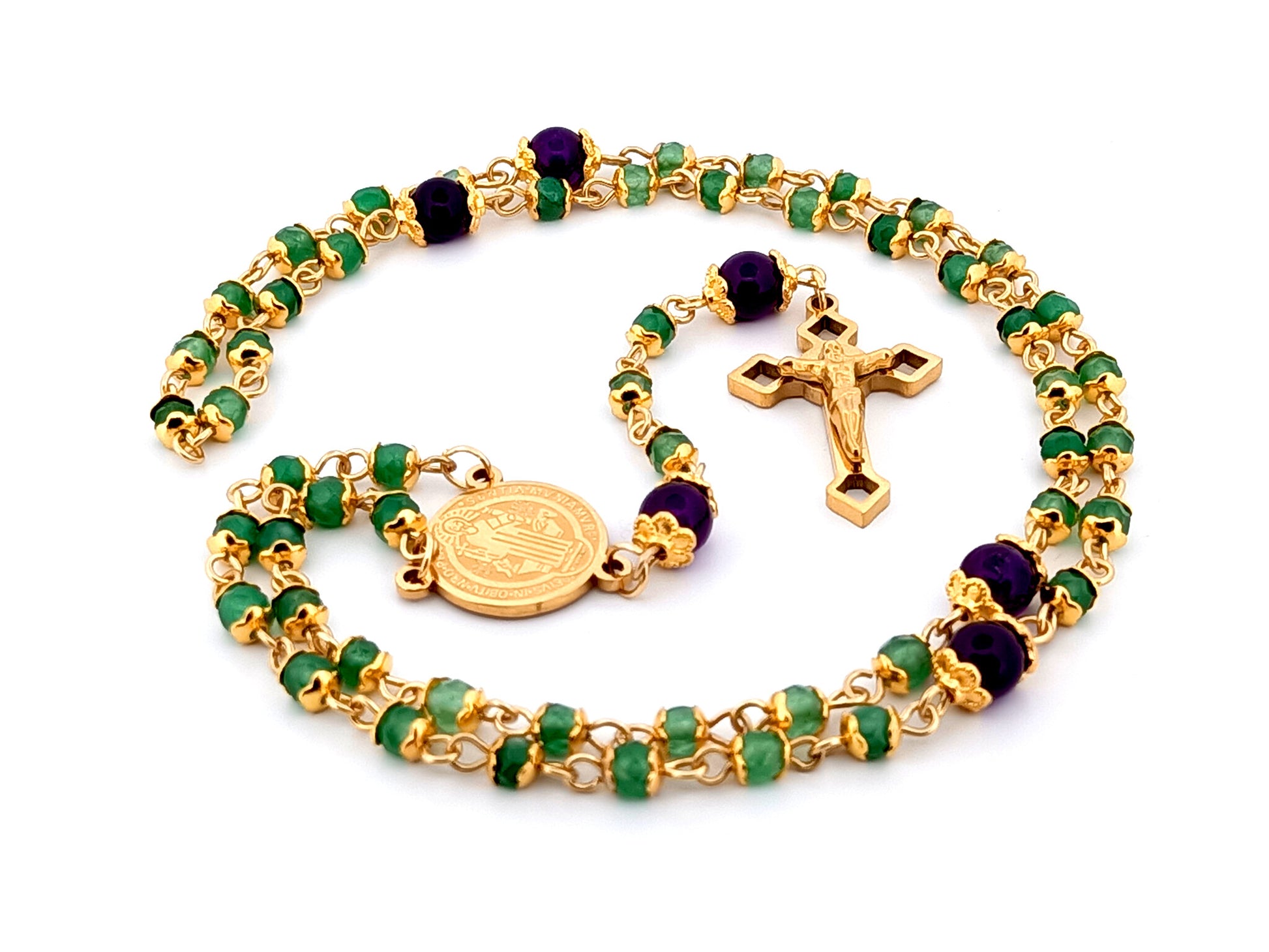 Saint Benedict unique rosary beads agate and amethyst gemstone rosary with small gold plated Saint Benedict crucifix.