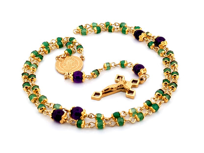 Saint Benedict unique rosary beads agate and amethyst gemstone rosary with small gold plated Saint Benedict crucifix.