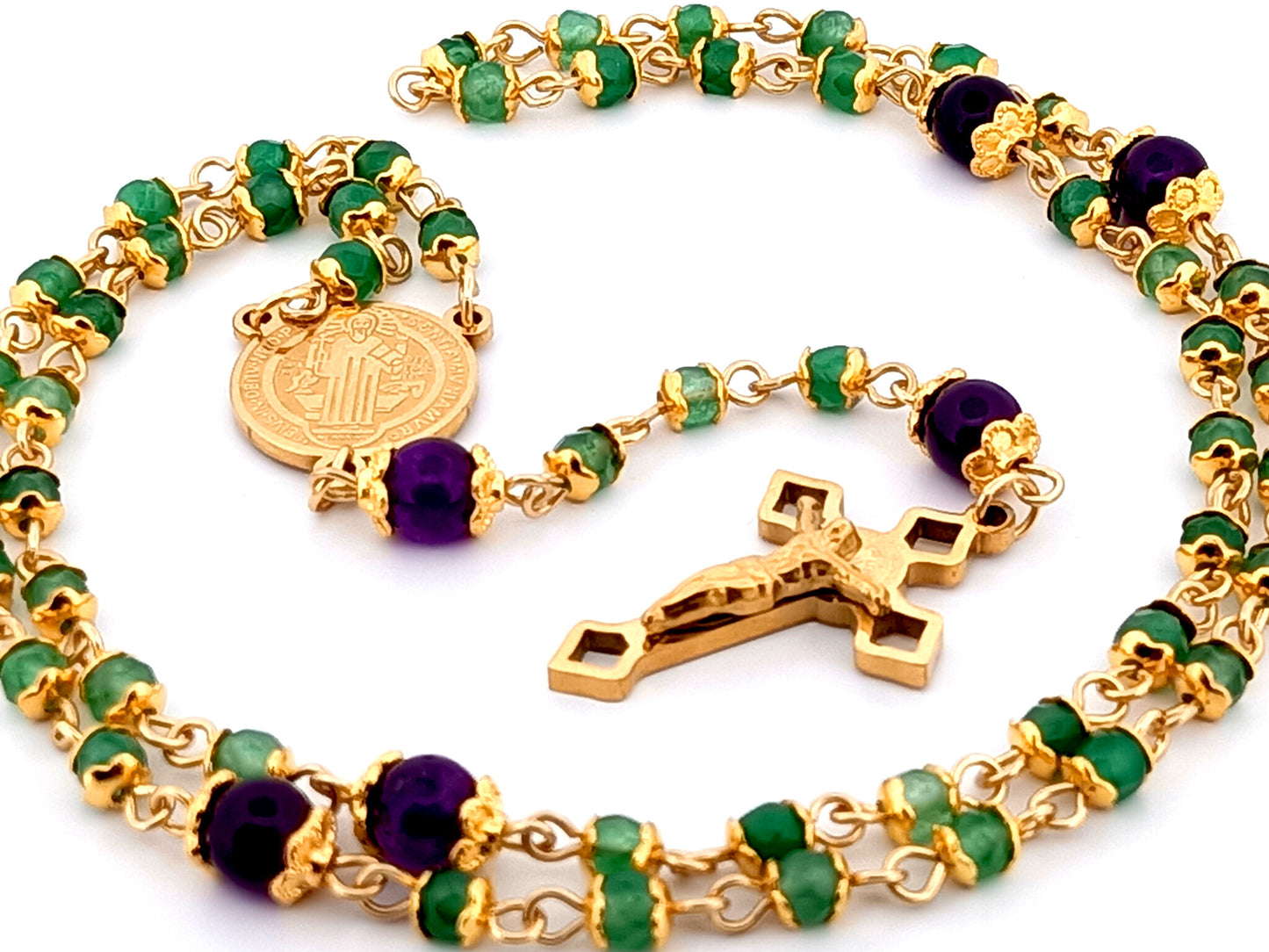 Saint Benedict unique rosary beads agate and amethyst gemstone rosary with small gold plated Saint Benedict crucifix.