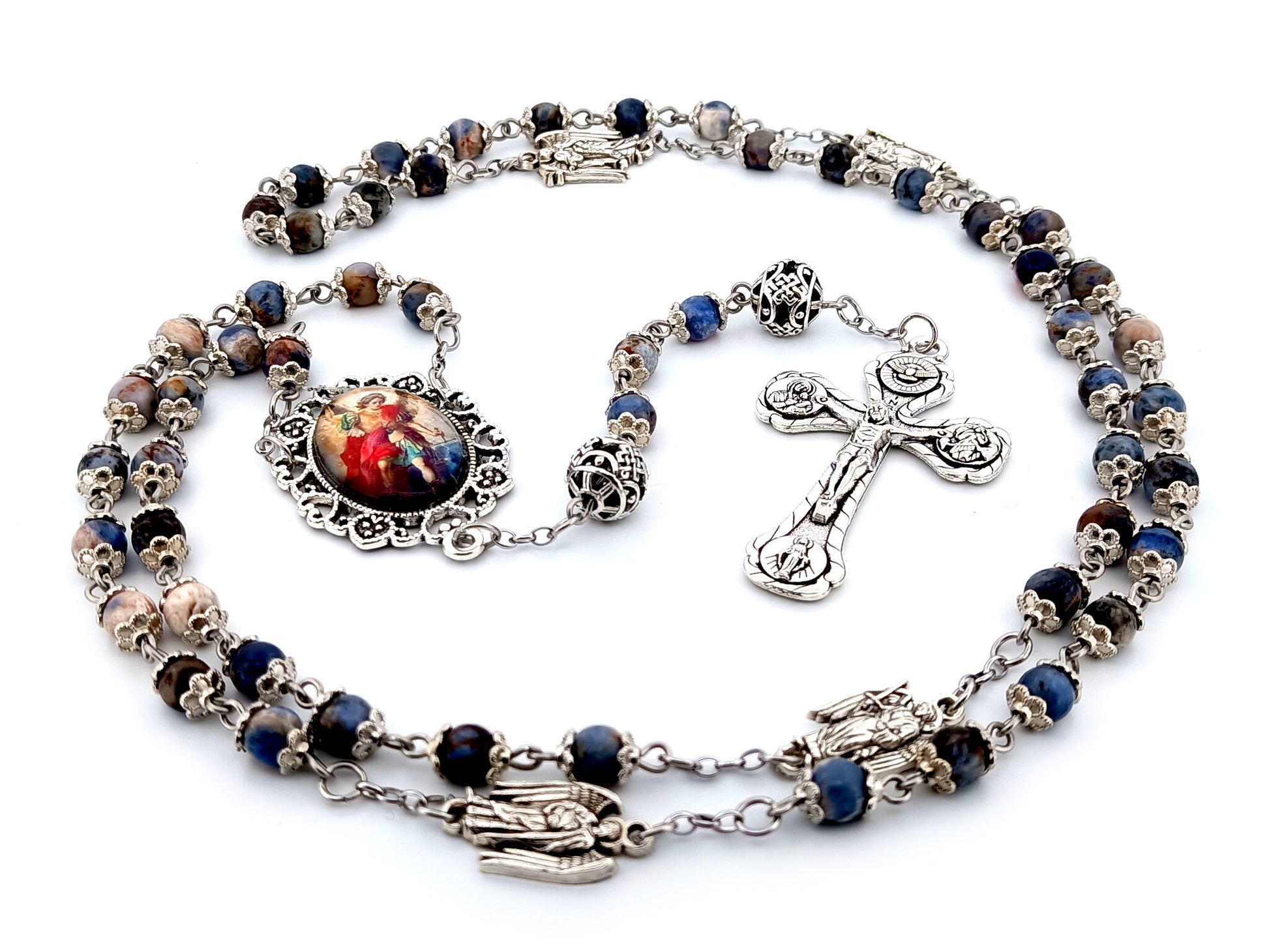 Saint Michael unique rosary beads aventurine gemstone and silver rosary with silver plated four Basilica crucifix.