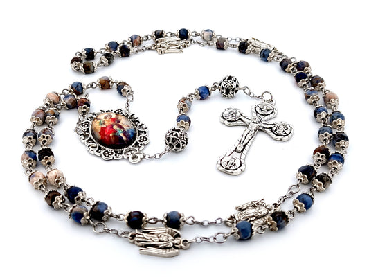 Saint Michael unique rosary beads aventurine gemstone and silver rosary with silver plated four Basilica crucifix.