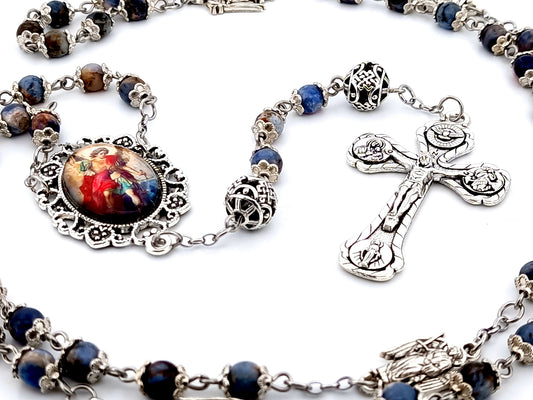 Saint Michael unique rosary beads aventurine gemstone and silver rosary with silver plated four Basilica crucifix.