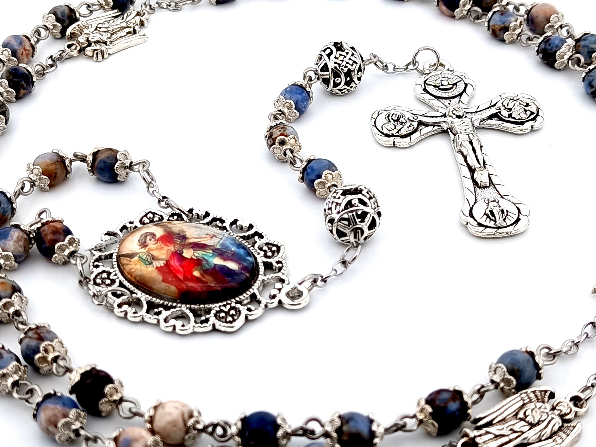 Saint Michael unique rosary beads aventurine gemstone and silver rosary with silver plated four Basilica crucifix.