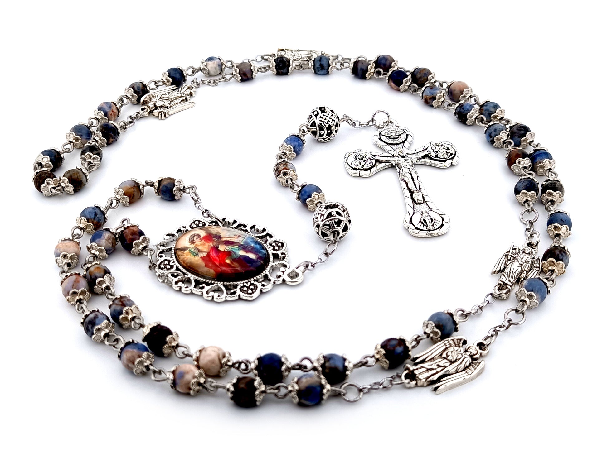 Saint Michael unique rosary beads aventurine gemstone and silver rosary with silver plated four Basilica crucifix.