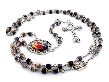 Saint Michael unique rosary beads aventurine gemstone and silver rosary with silver plated four Basilica crucifix.