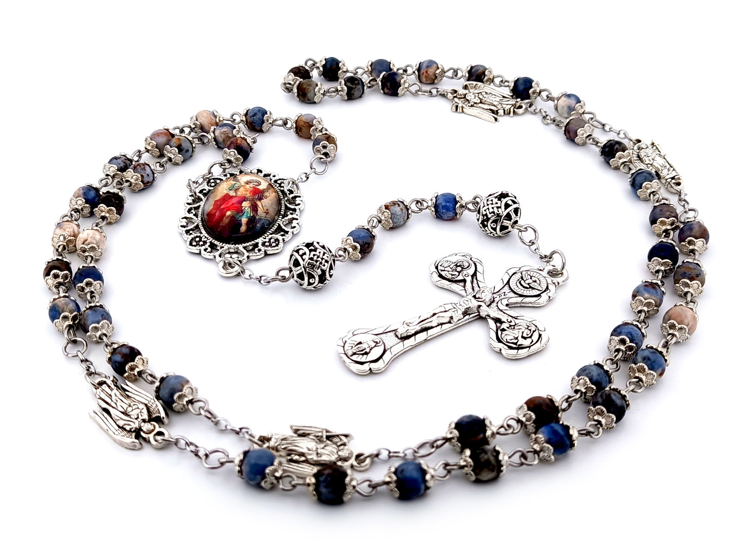 Saint Michael unique rosary beads aventurine gemstone and silver rosary with silver plated four Basilica crucifix.