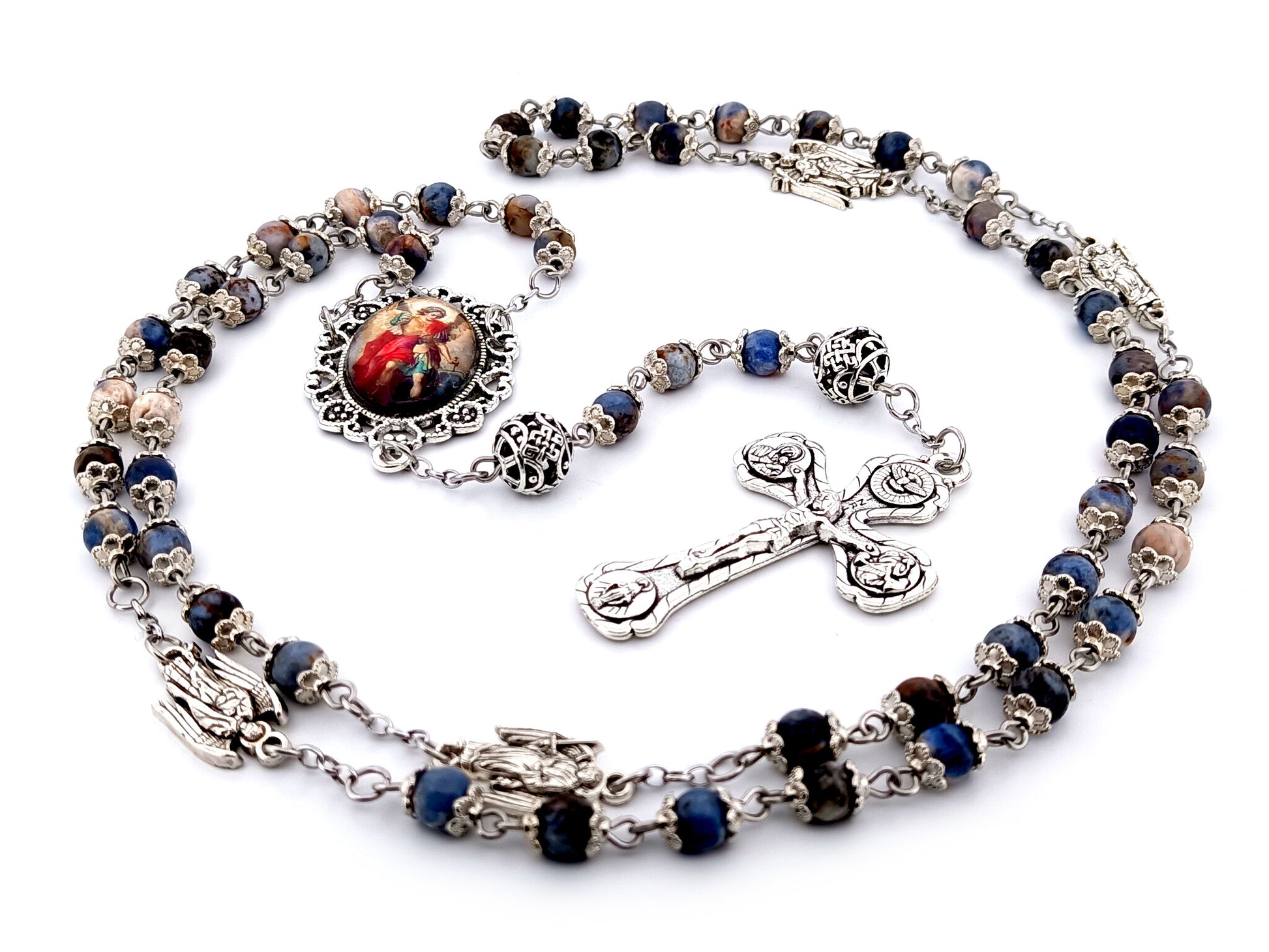 Saint Michael unique rosary beads aventurine gemstone and silver rosary with silver plated four Basilica crucifix.