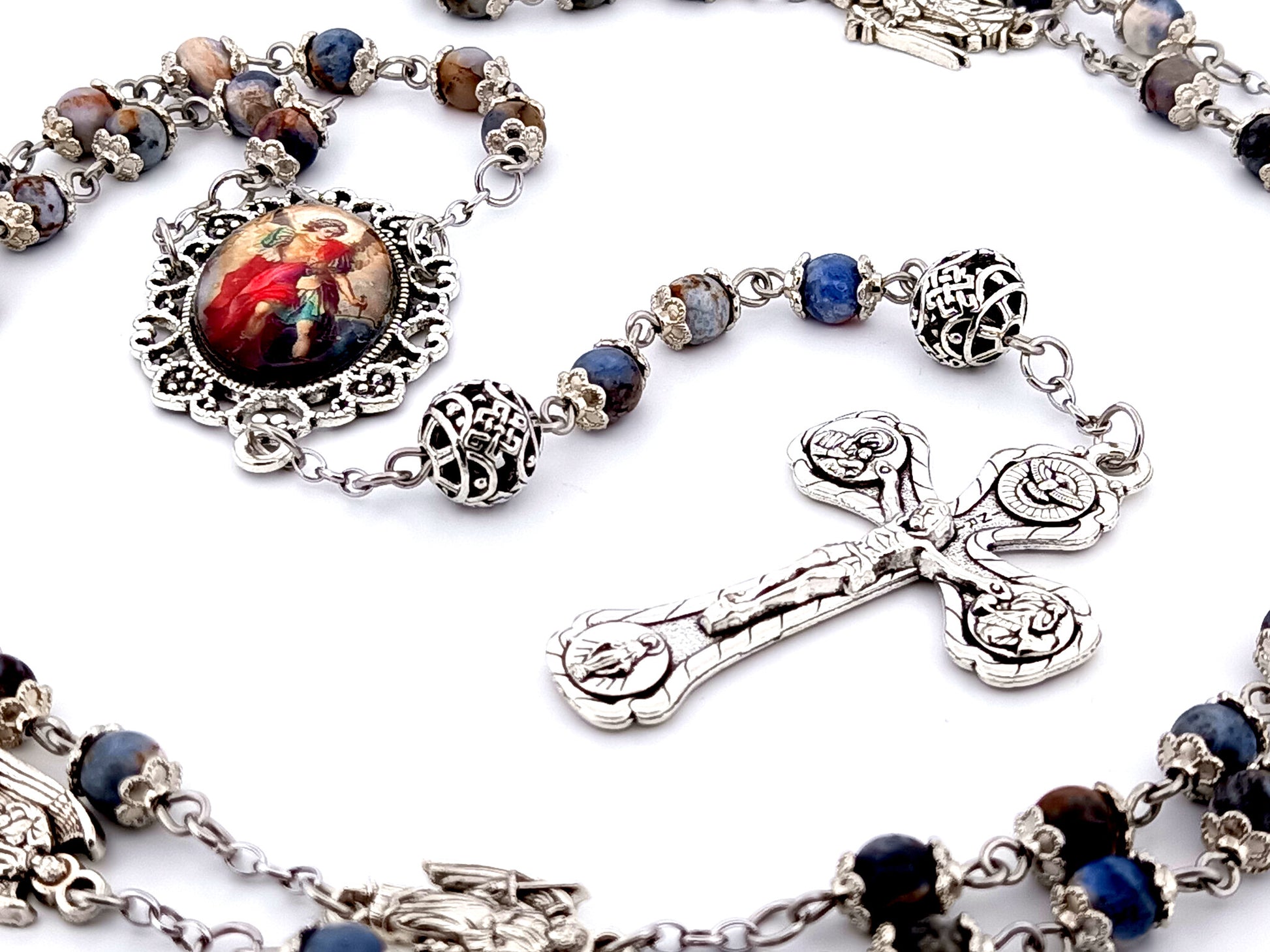 Saint Michael unique rosary beads aventurine gemstone and silver rosary with silver plated four Basilica crucifix.