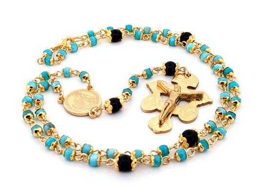 Miraculous Medal agate and onyx gemstone rosary beads with gold plated Pardon crucifix.