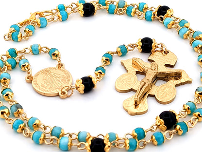 Miraculous Medal agate and onyx gemstone rosary beads with gold plated Pardon crucifix.