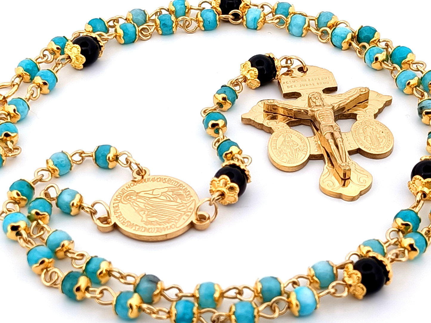 Miraculous Medal agate and onyx gemstone rosary beads with gold plated Pardon crucifix.