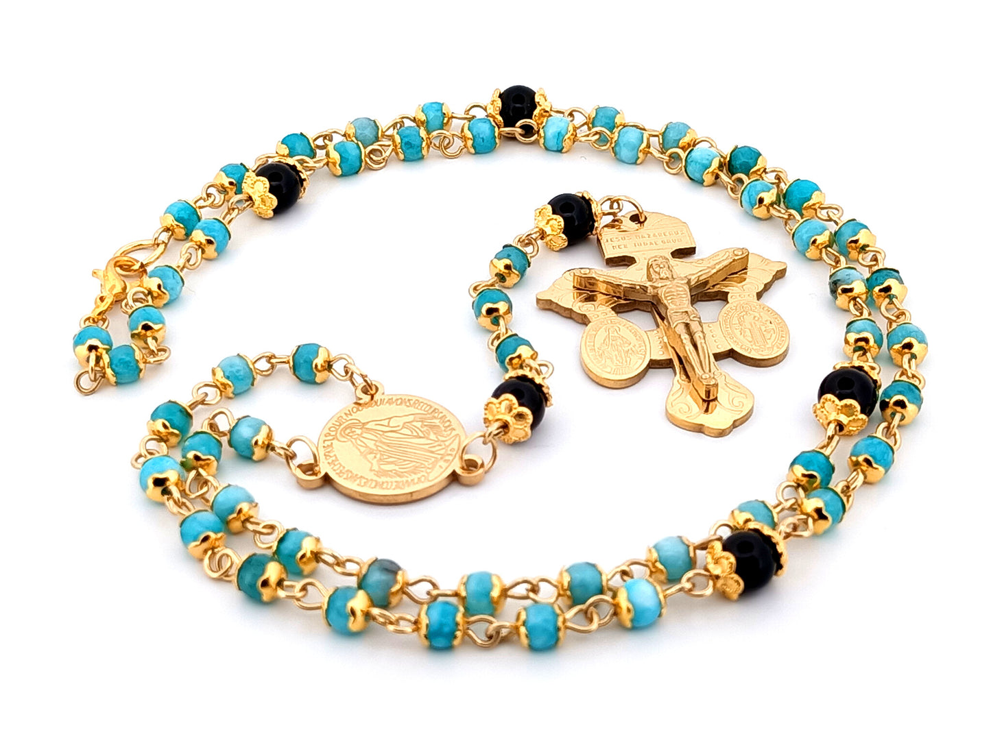 Miraculous Medal agate and onyx gemstone rosary beads with gold plated Pardon crucifix.