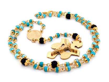 Miraculous Medal agate and onyx gemstone rosary beads with gold plated Pardon crucifix.