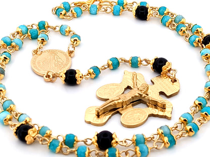 Miraculous Medal agate and onyx gemstone rosary beads with gold plated Pardon crucifix.