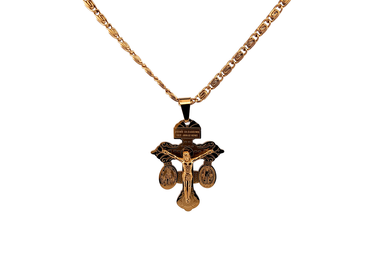 Gold plated Pardon crucifix with 19" 18K gold plated stainless steel chain.