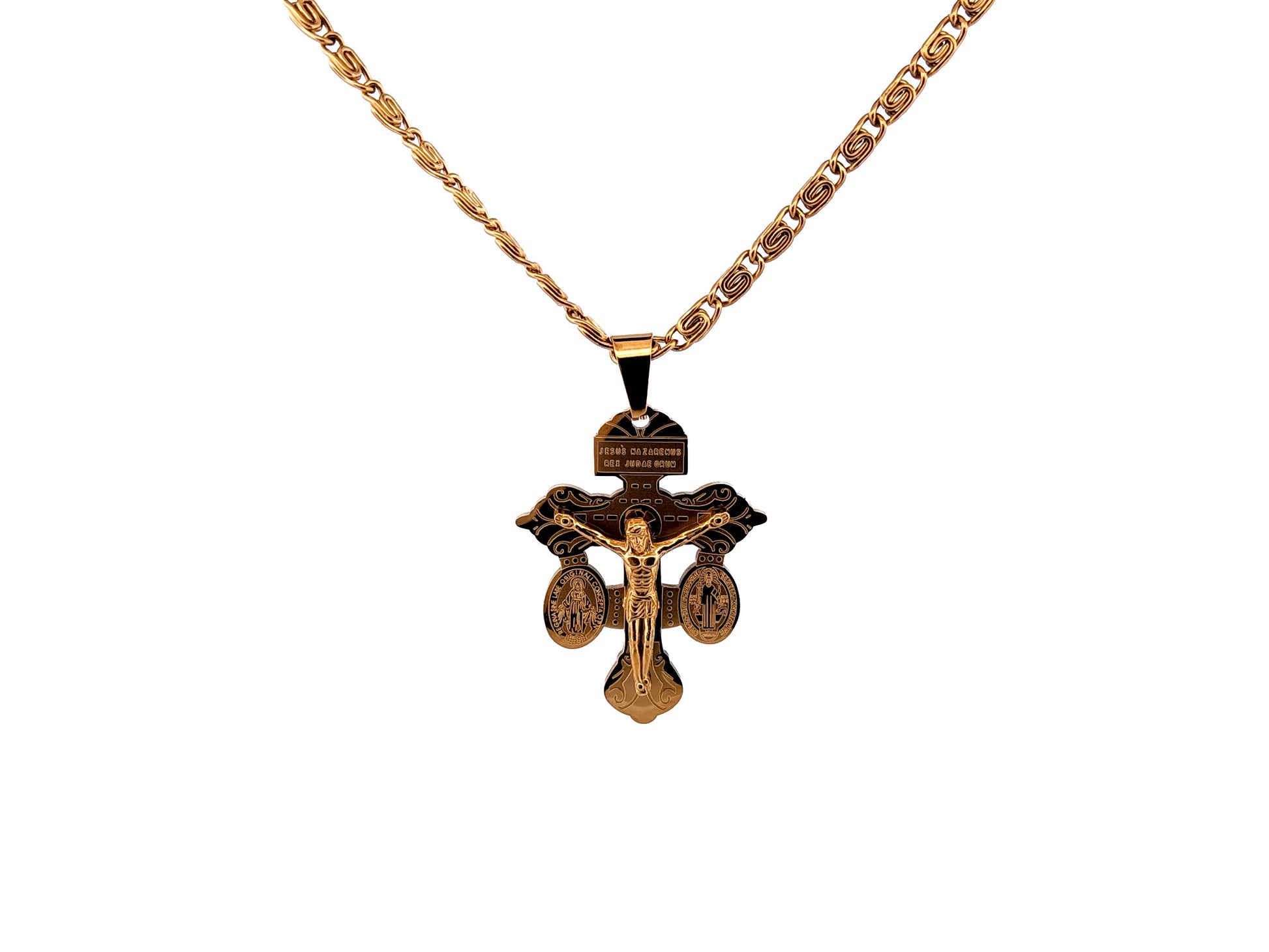 Gold plated Pardon crucifix with 19" 18K gold plated stainless steel chain.