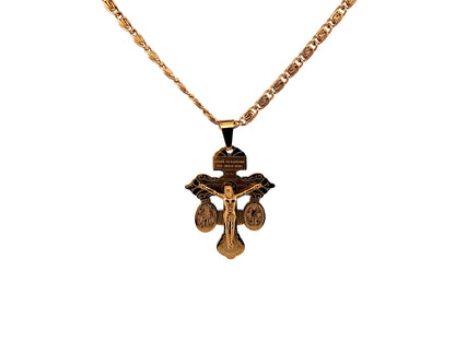 Gold plated Pardon crucifix with 19" 18K gold plated stainless steel chain.